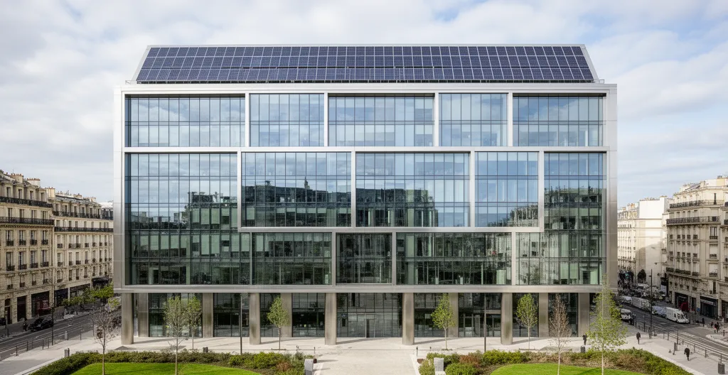 Façade vitrée d'un immeuble de bureaux tertiaire avec panneaux solaires, concerné par le décret tertiaire