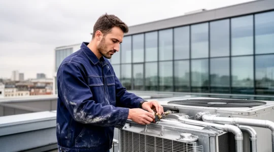 Technicien inspectant un système CVC sur le toit d'un immeuble tertiaire pour la conformité décret tertiaire