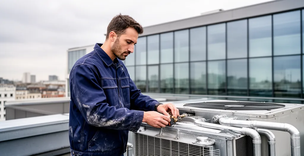 Technicien inspectant un système CVC sur le toit d'un immeuble tertiaire pour la conformité décret tertiaire