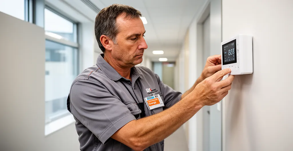 Technicien réglant un thermostat connecté dans un couloir d'immeuble tertiaire pour optimiser la consommation