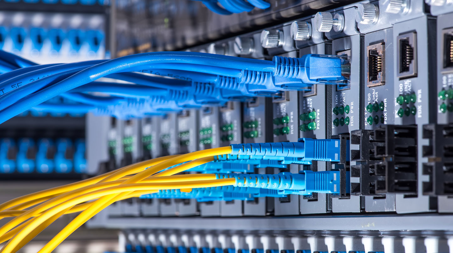 Gros plan sur un câble réseau Ethernet connecté à l'arrière d'une imprimante professionnelle dans un environnement de bureau moderne