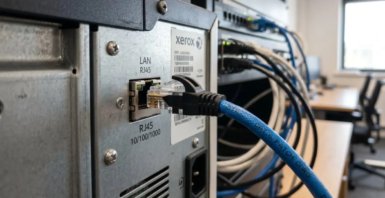 Gros plan sur un câble réseau Ethernet connecté à l'arrière d'une imprimante professionnelle dans un environnement de bureau moderne