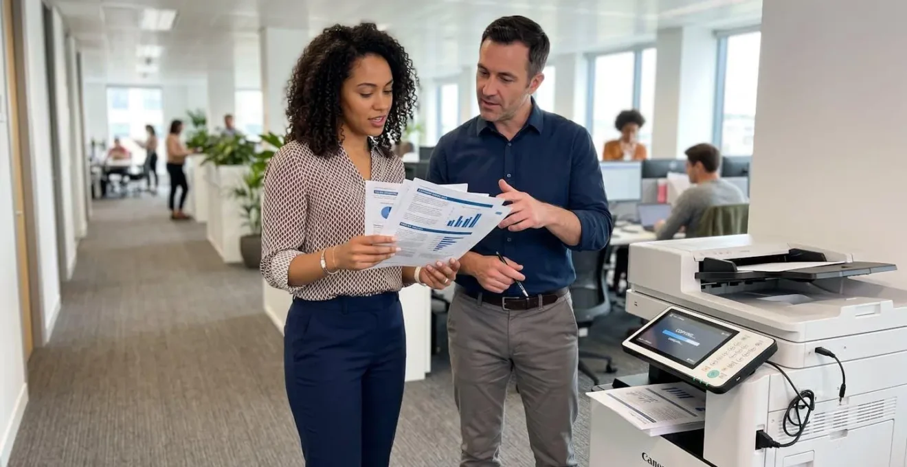 Deux collègues en discussion de profil près d'une imprimante multifonction, l'un montrant des documents imprimés à l'autre dans un bureau contemporain