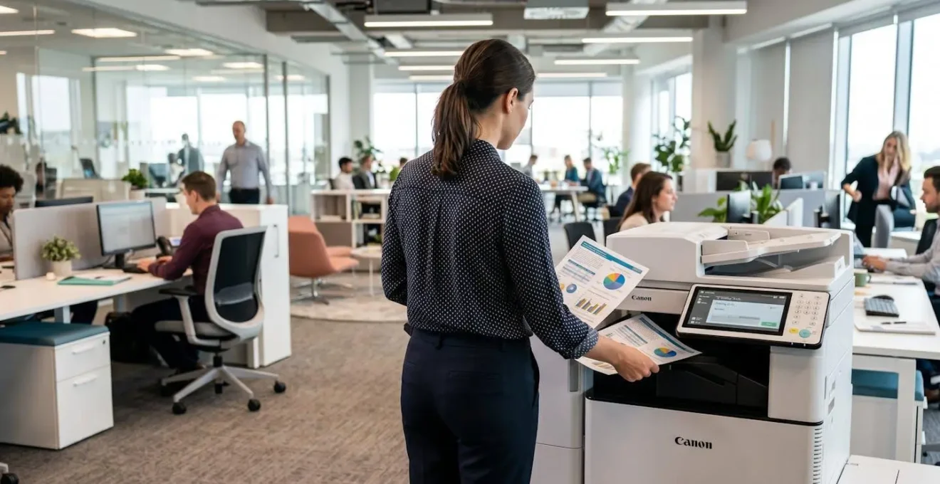 Vue de dos d'un employé de bureau récupérant des documents fraîchement imprimés sur une imprimante multifonction dans un espace de travail lumineux