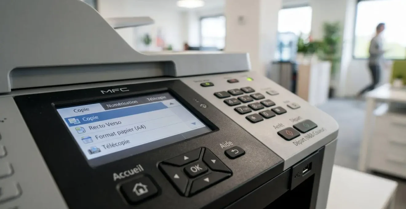 Gros plan sur le panneau de contrôle d'une imprimante multifonction professionnelle montrant un écran tactile moderne et des boutons de navigation