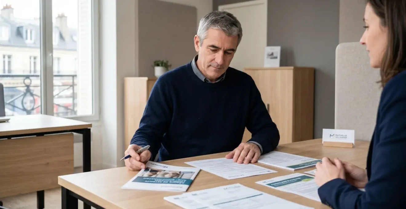 Ancien militaire consultant des documents de retraite mutualiste dans une agence conseil contemporaine en France