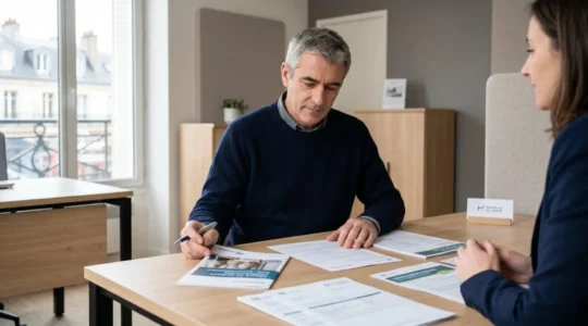 Ancien militaire consultant des documents de retraite mutualiste dans une agence conseil contemporaine en France