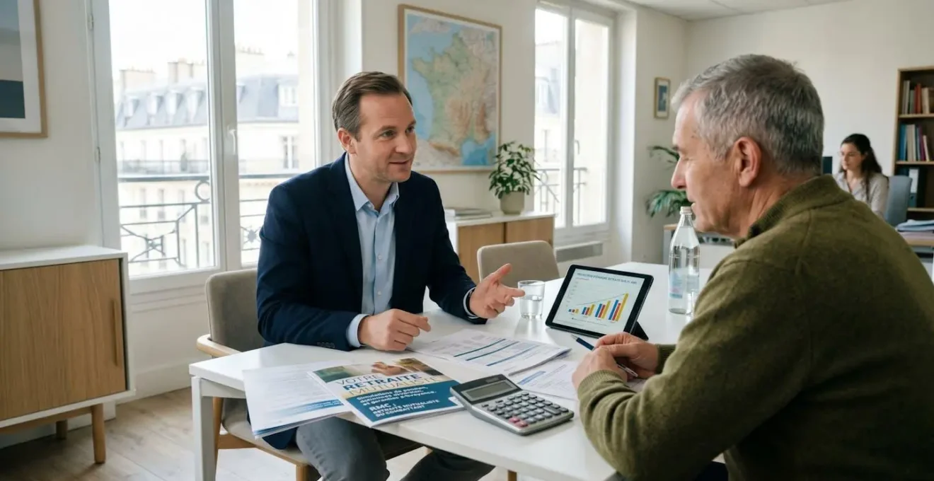 Conseiller mutualiste présentant les options d'épargne retraite à un ancien combattant dans un bureau conseil en France