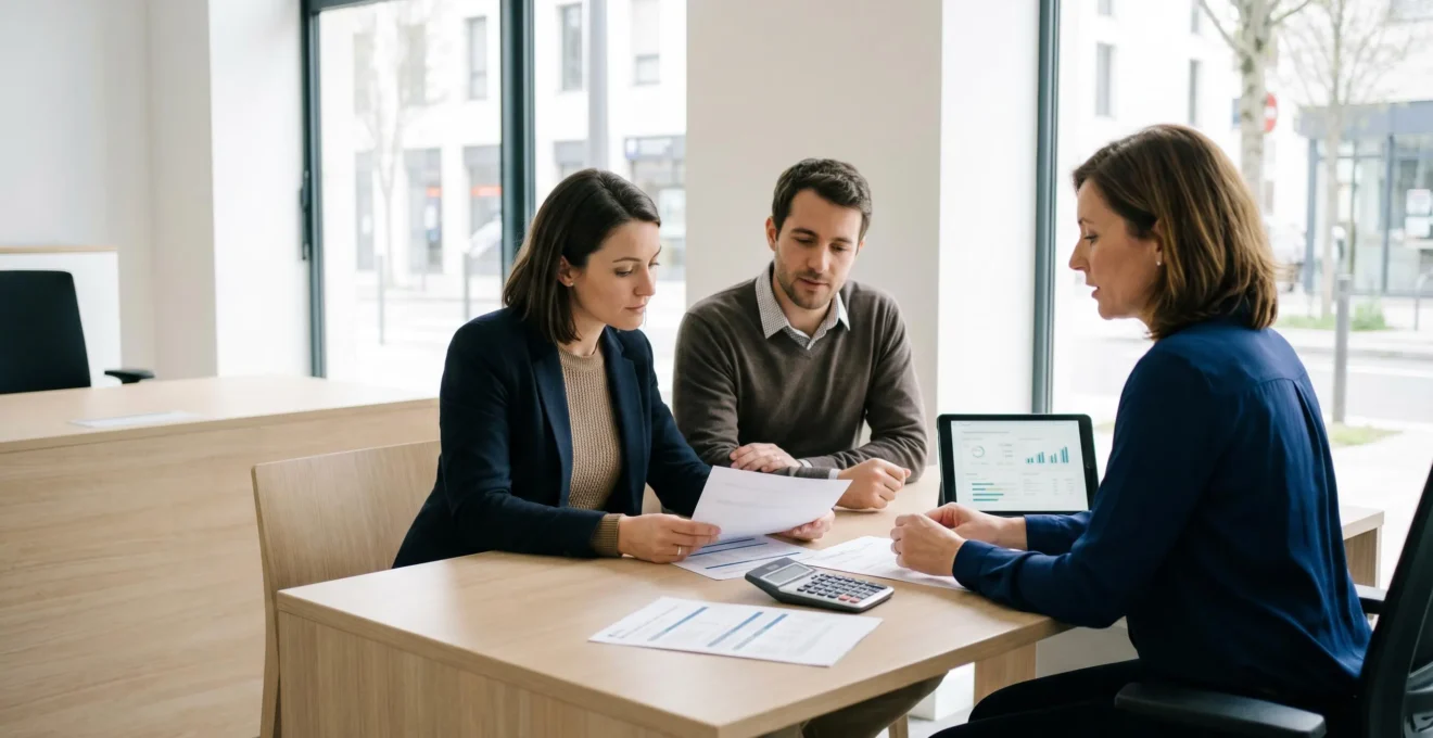 Couple en rendez-vous avec un conseiller bancaire dans une agence contemporaine, analysant des documents de simulation de crédit immobilier sur un bureau épuré avec lumière naturelle