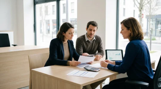 Couple en rendez-vous avec un conseiller bancaire dans une agence contemporaine, analysant des documents de simulation de crédit immobilier sur un bureau épuré avec lumière naturelle