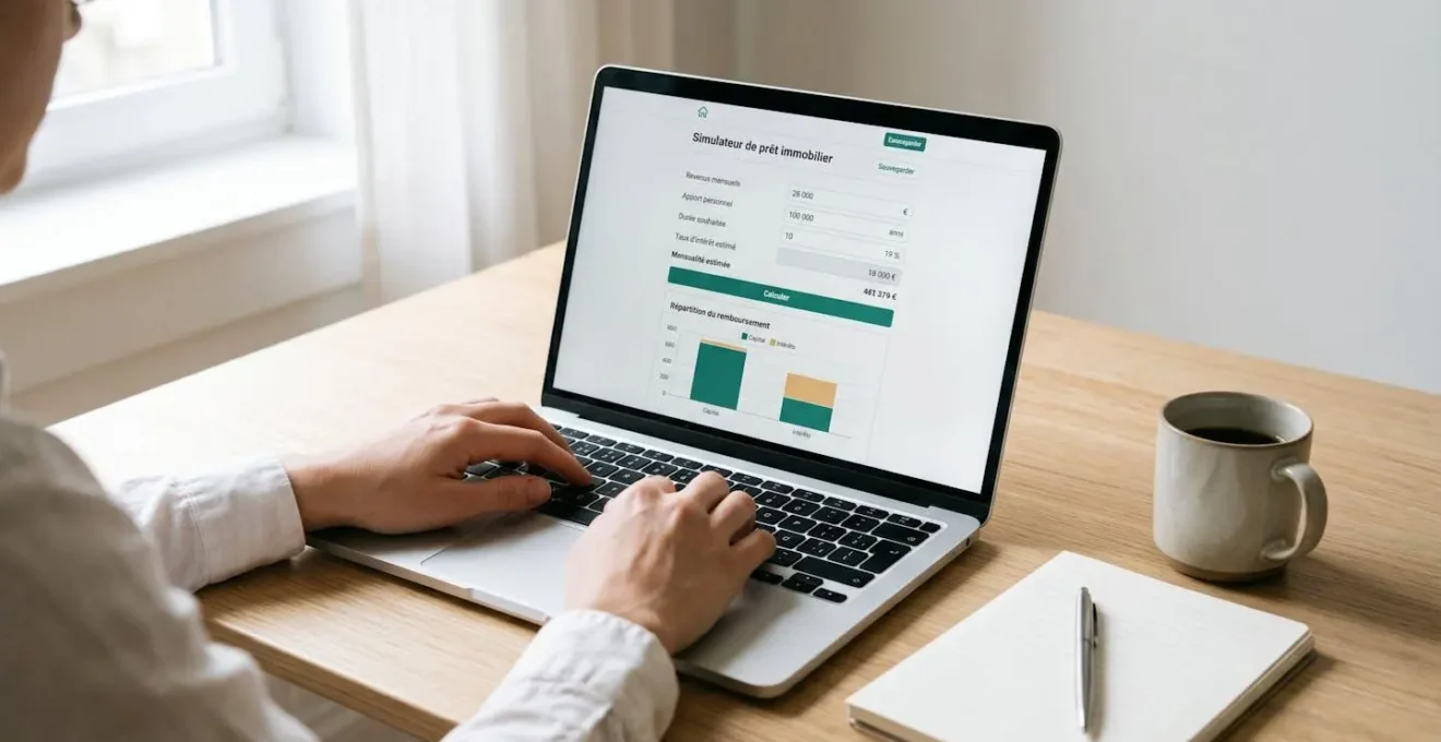 Écran d'ordinateur portable affichant une interface de simulateur de crédit immobilier avec champs de saisie en français et graphique de résultats, sur un bureau contemporain lumineux