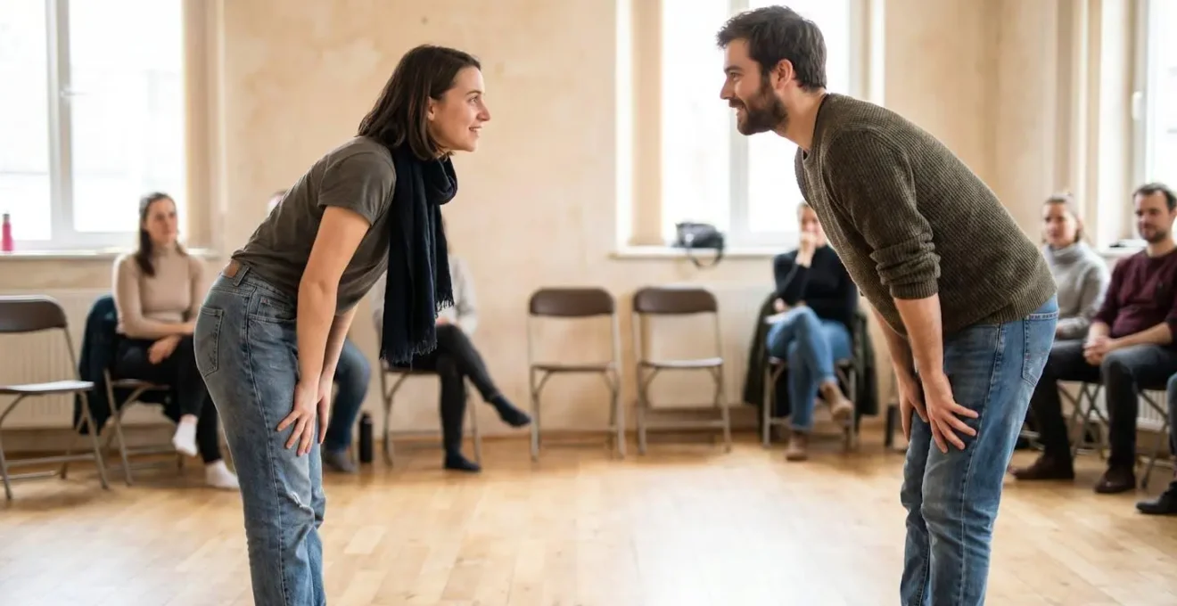 Deux participants en exercice de duo face à face dans un atelier d'improvisation, regards concentrés et postures engagées