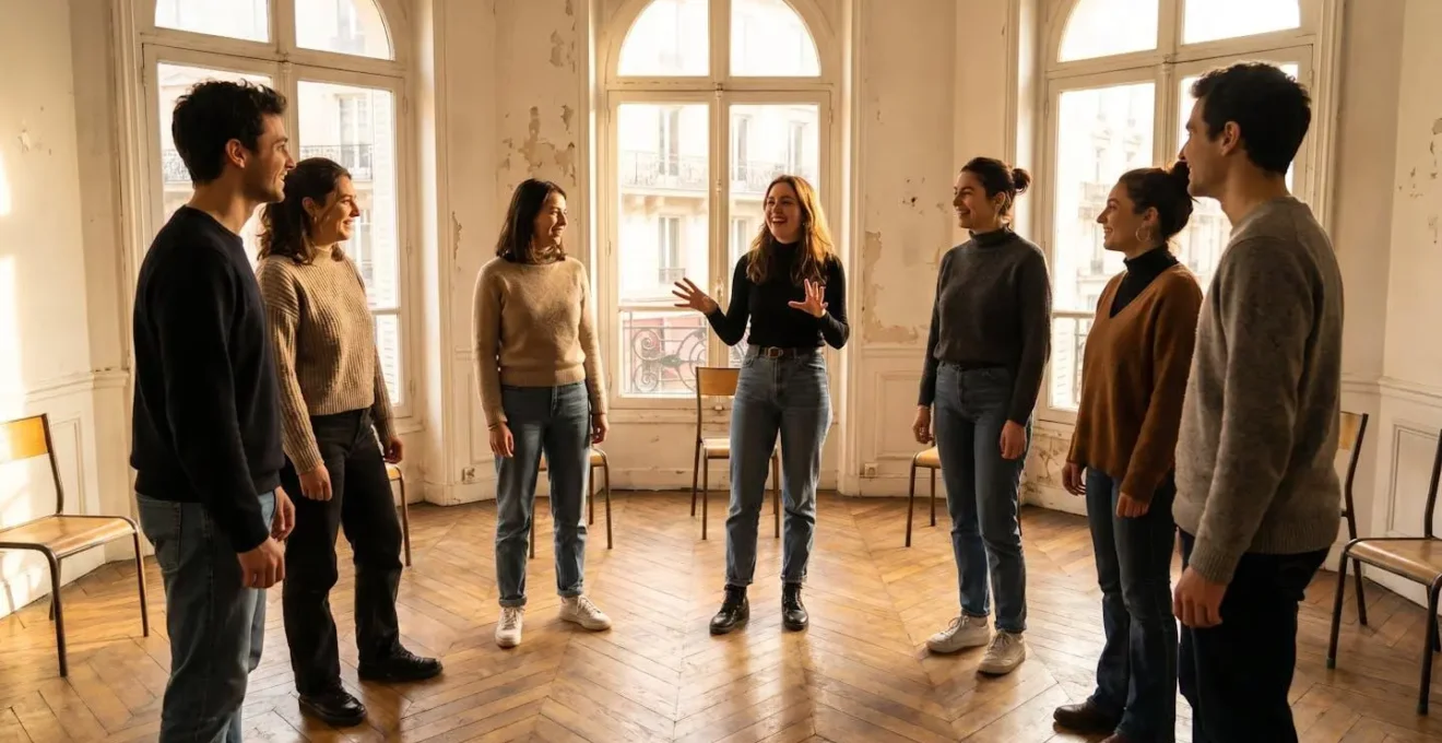 Groupe de jeunes adultes debout en cercle dans un atelier d'improvisation à Paris, visages expressifs et détendus