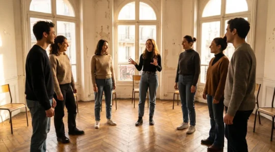 Groupe de jeunes adultes debout en cercle dans un atelier d'improvisation à Paris, visages expressifs et détendus
