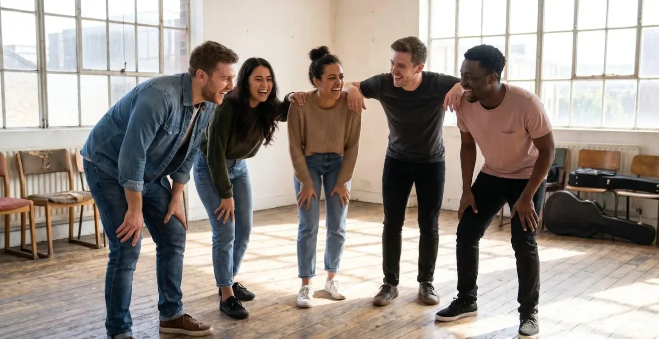 Participants d'un atelier d'improvisation en plein fou rire collectif, debout dans une salle de répétition à Paris