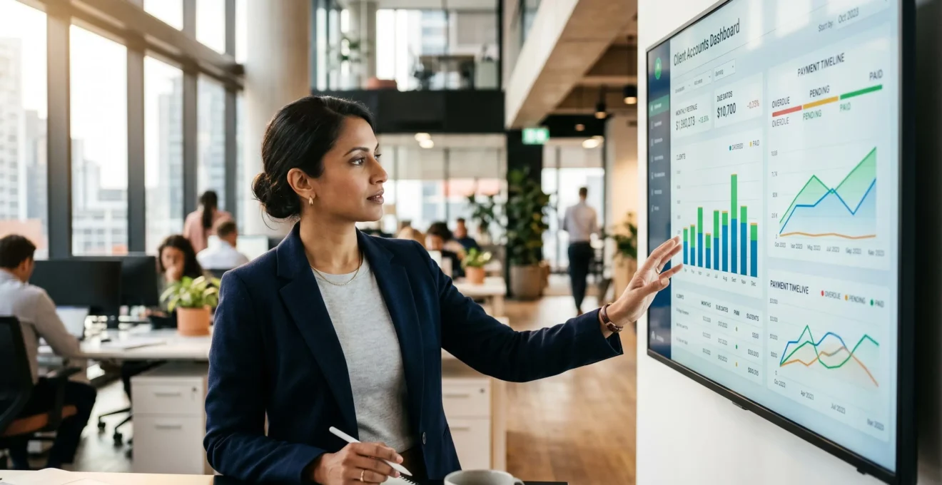 Responsable financier concentré devant un tableau de bord numérique affichant le suivi des créances clients