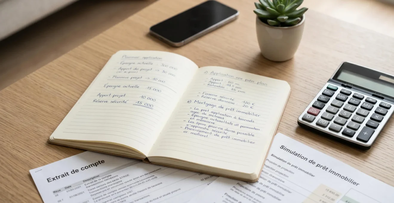 Vue de dessus d'une table de travail avec carnet ouvert montrant notes manuscrites sur épargne et apport immobilier, calculatrice et documents bancaires, dans une ambiance lumineuse et organisée