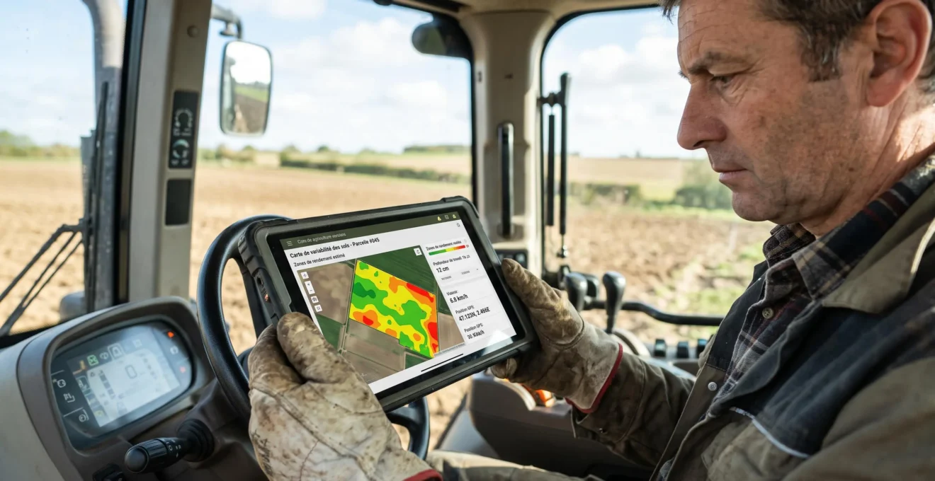 Agriculteur consultant une tablette tactile affichant une cartographie de parcelle en zones colorées dans la cabine d'un tracteur moderne équipé pour l'agriculture de précision
