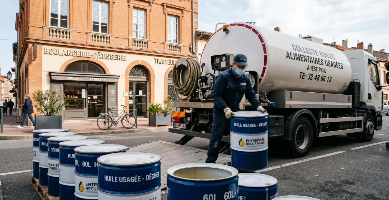 Camion-citerne de collecte d'huiles alimentaires usagées stationné devant un bâtiment commercial, technicien manipulant des fûts métalliques de 60 litres lors d'un enlèvement professionnel