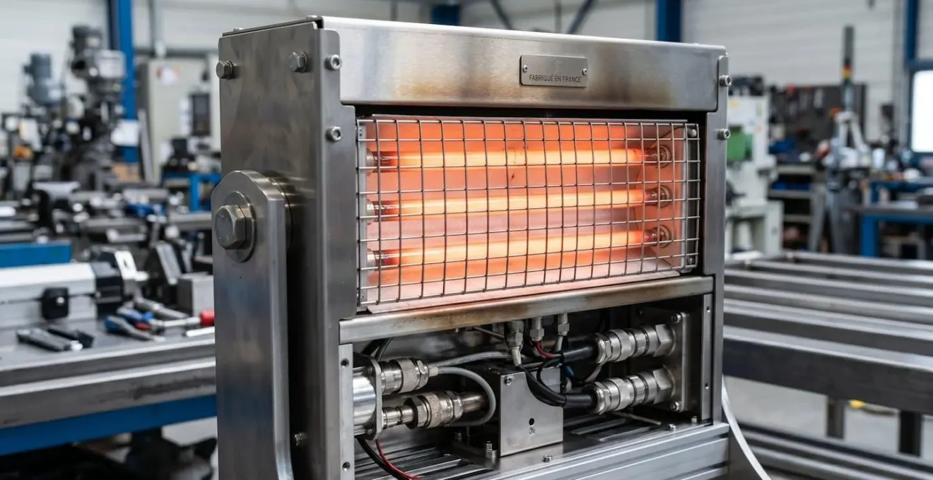 Émetteur infrarouge industriel haute performance montrant les éléments chauffants et systèmes de régulation en détail