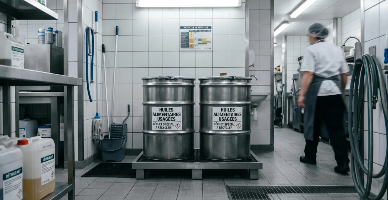 Fûts métalliques de 60 litres étiquetés pour le stockage d'huiles alimentaires usagées dans un local technique propre d'arrière-cuisine professionnelle