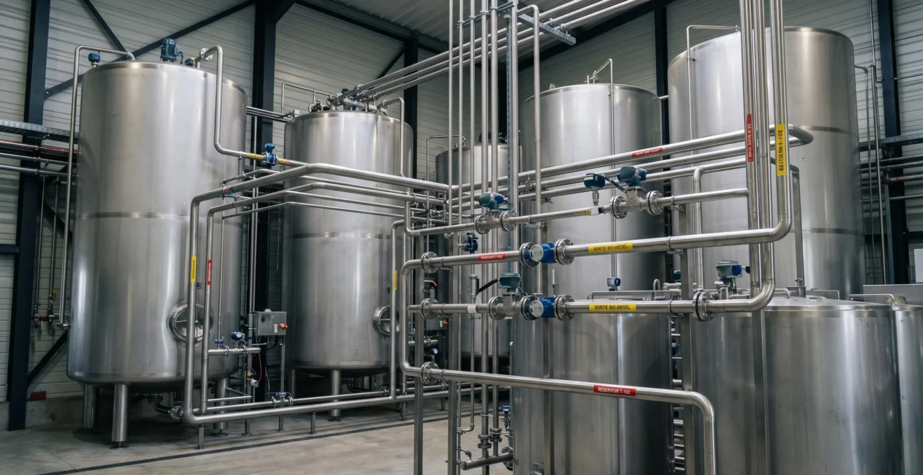 Intérieur d'une unité de production de biocarburant avec cuves en acier inoxydable et tuyauterie moderne pour le traitement des huiles alimentaires recyclées