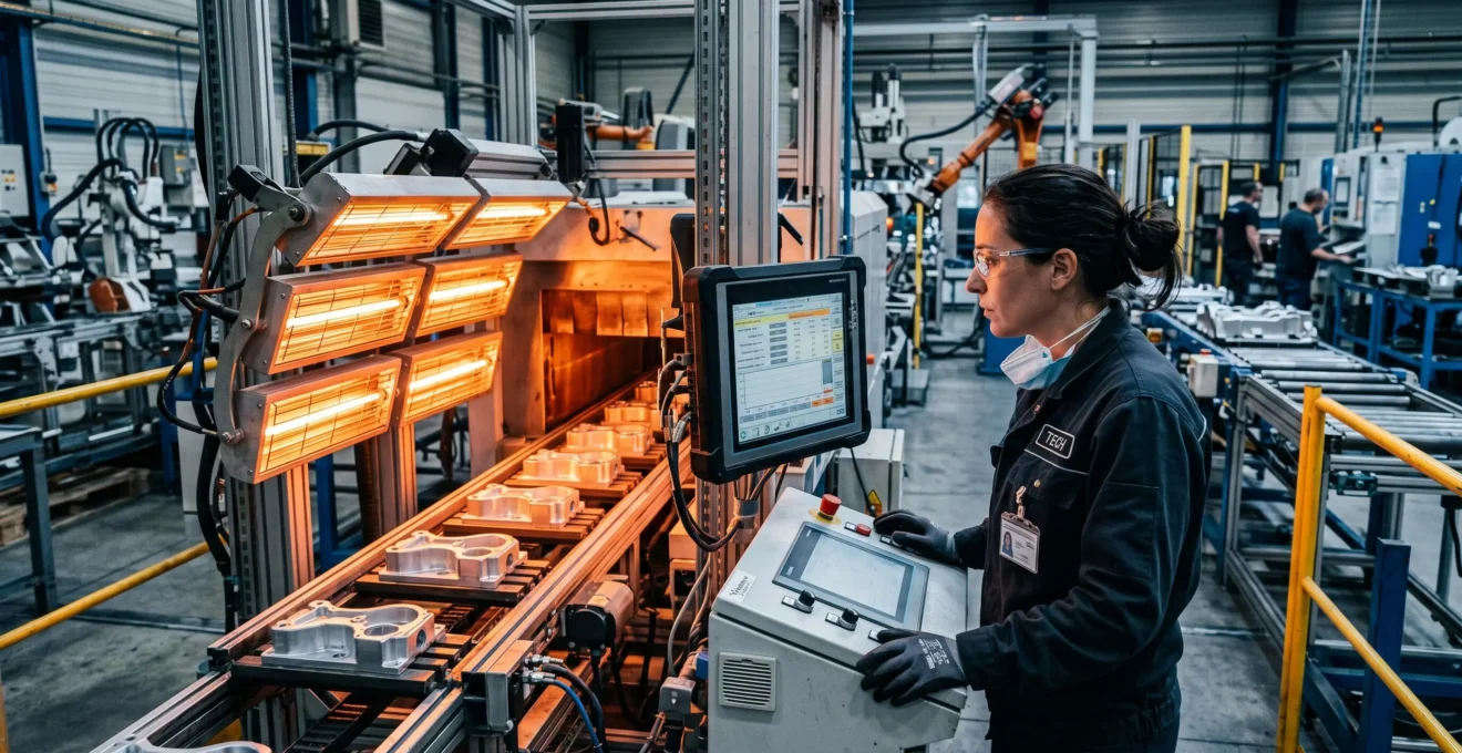 Ligne de production industrielle française avec émetteurs infrarouge en fonctionnement et technicien effectuant un contrôle de température