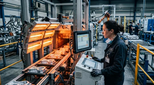 Ligne de production industrielle française avec émetteurs infrarouge en fonctionnement et technicien effectuant un contrôle de température