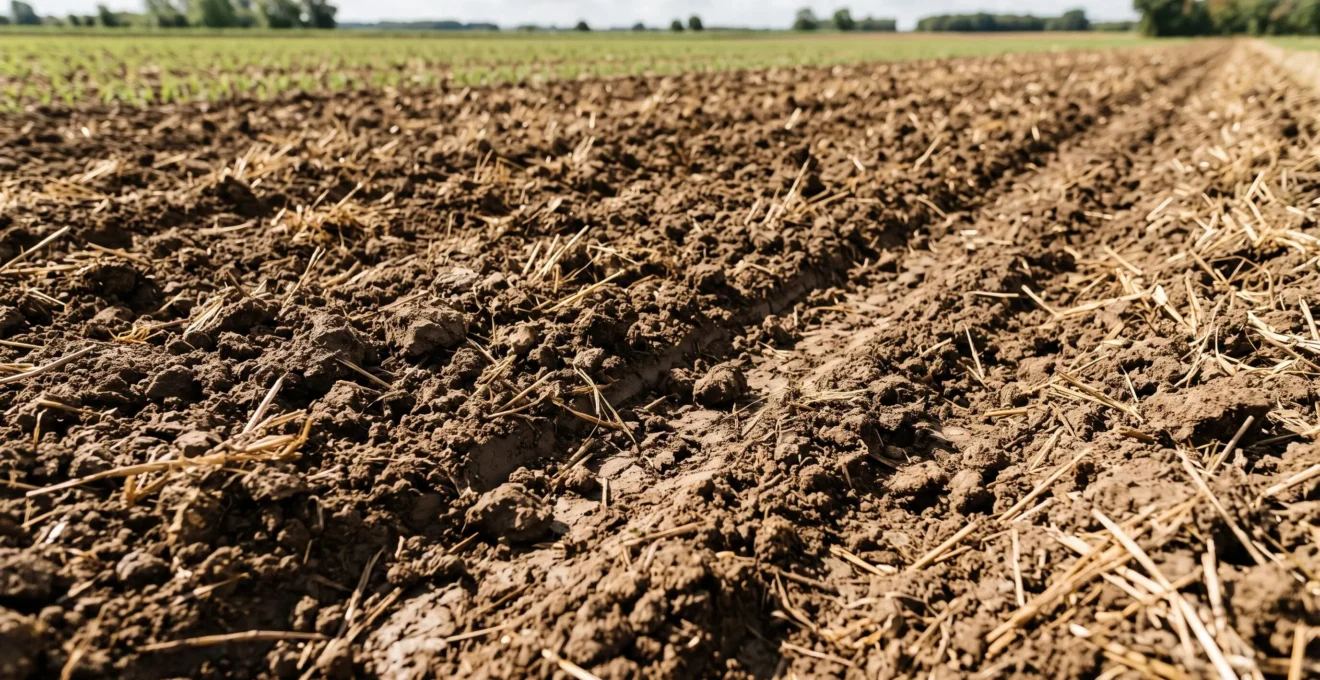 Vue rapprochée de sol céréalier fraîchement déchaumé montrant le mélange homogène de terre aérée et de résidus de paille partiellement enfouis après passage du déchaumeur