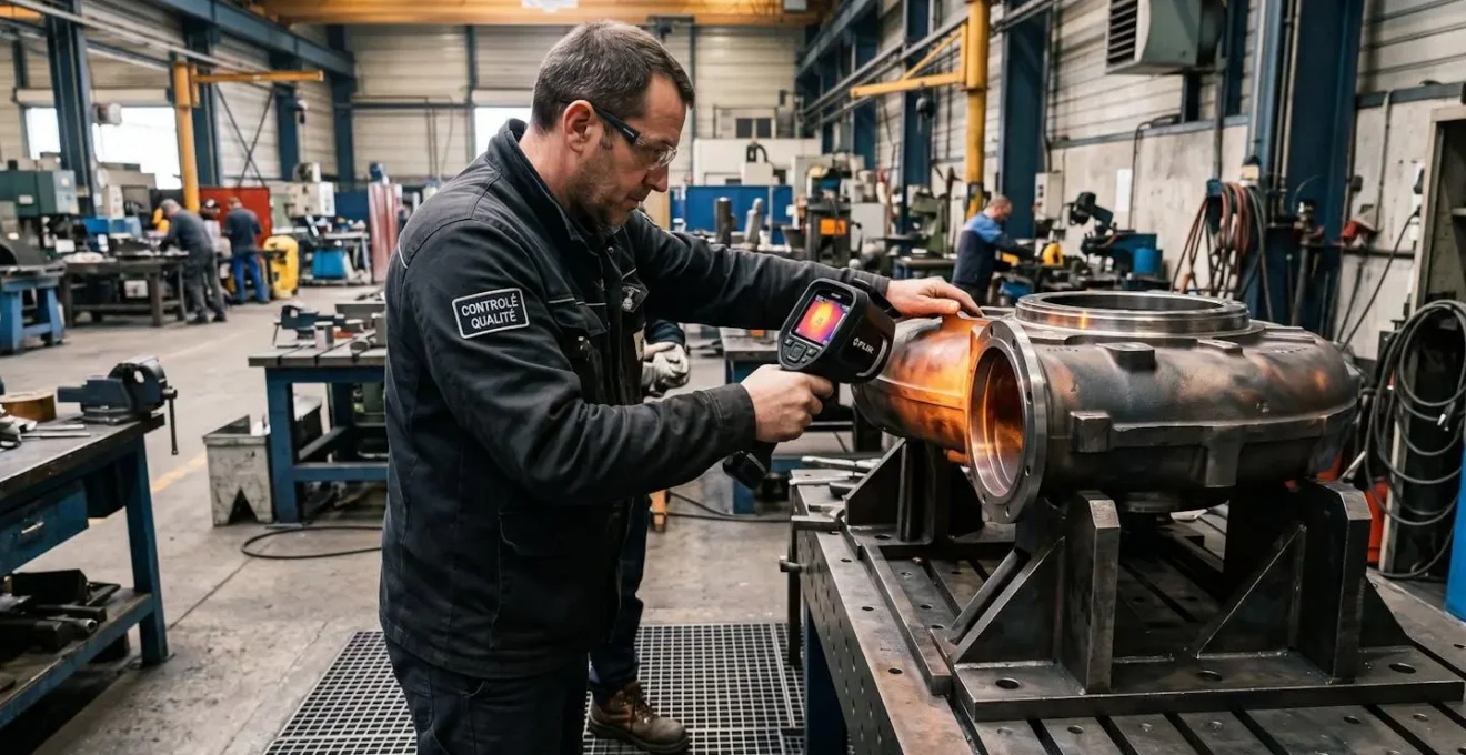 Technicien effectuant un contrôle qualité par mesure infrarouge sur pièce industrielle pour vérifier l'homogénéité thermique
