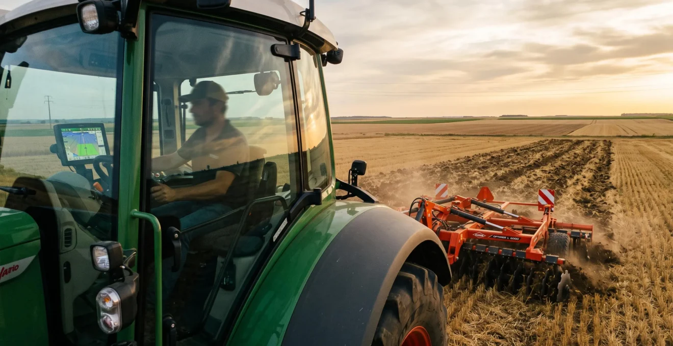 Tracteur agricole moderne équipé d'un système de guidage GPS visible dans la cabine, attelé à un déchaumeur à disques en fonctionnement sur une parcelle de chaumes de blé en région Beauce
