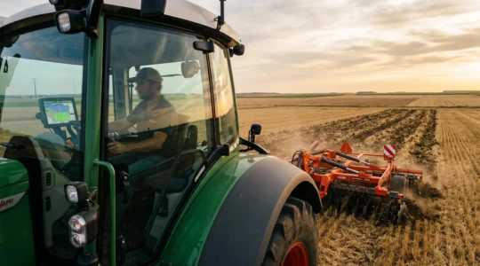 Tracteur agricole moderne équipé d'un système de guidage GPS visible dans la cabine, attelé à un déchaumeur à disques en fonctionnement sur une parcelle de chaumes de blé en région Beauce